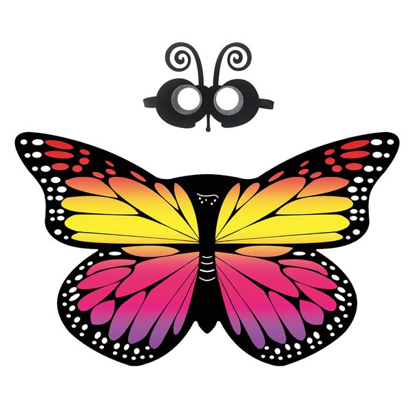 

10 style rainbow monarch butterfly costumes pretty full-color chiffon butterfly wings +mask+ headband cosplay cape party favors, Black;red