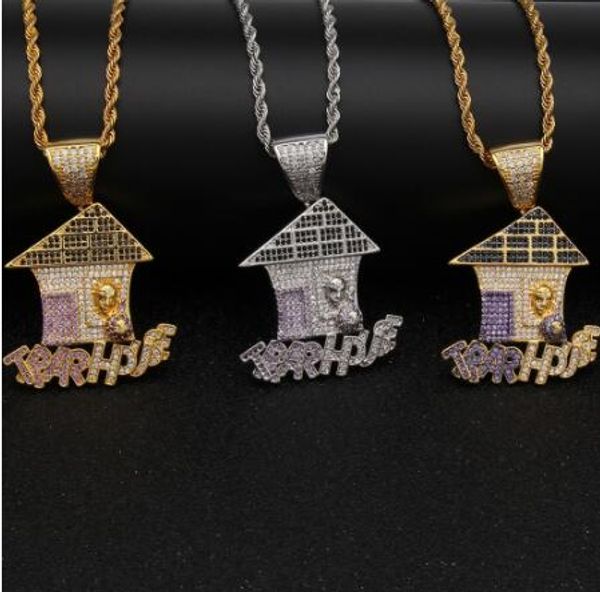 

new item the bling king custom trap house cz pendant necklace hip hop full iced out cubic zirconia purple black white cz stone, Silver