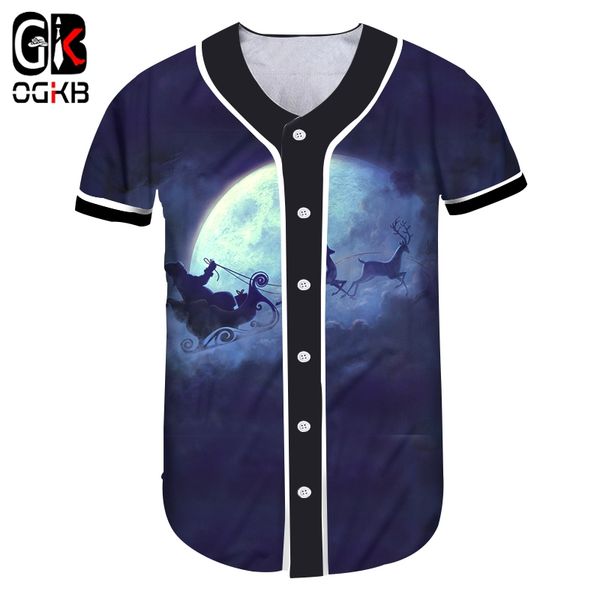 

ogkb new women christmas costuming 3d printed santa claus and flying elk carriage trend lady casual baseball shirt, White