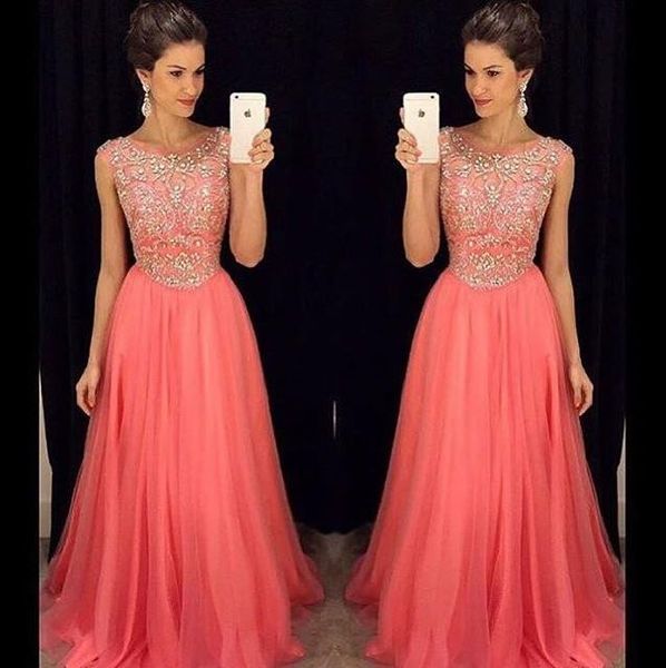 

vintage long coral prom dresses 2018 elegant scoop beaded evening formal gowns party dress vestido de festa, Black