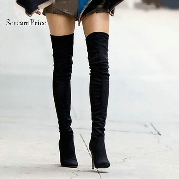 

stretch suede women thigh high boots stilettos over the knee boots pointy toe high heel long black gray with zipper