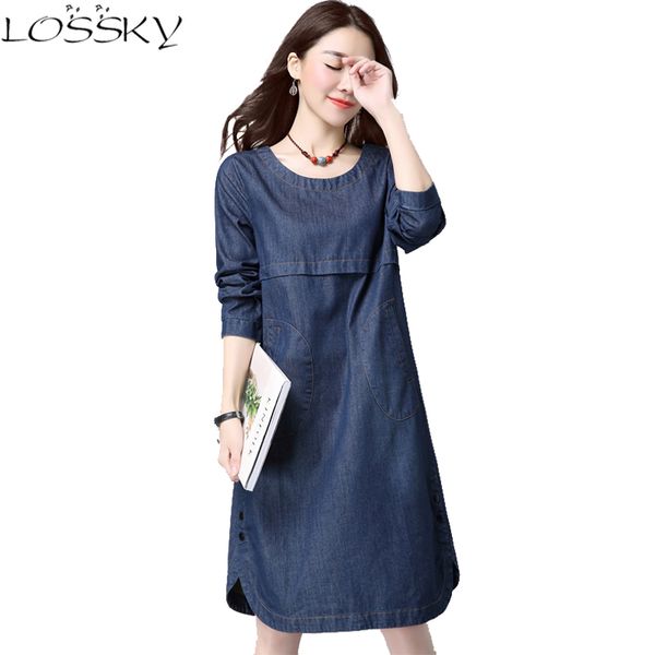 

2017 big yard autumn women jeans dress spring ladies office long sleeve denim dress plus size female clothing vestidos de festa, White;black