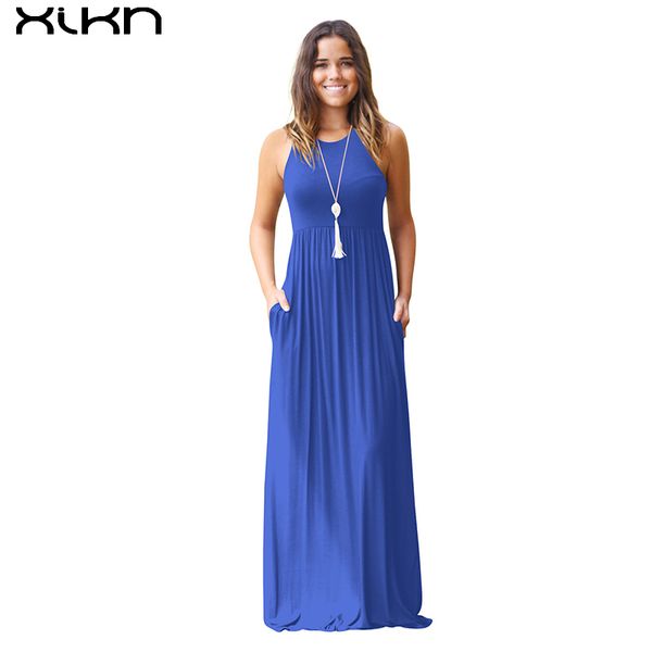 

xikn 2018 summer maxi long dress women new sleeveless solid vestidos long dresses femme plus size elegant solid purple aa429, White;black