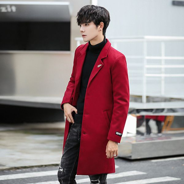 

casual warm slim men long woolen coat fashion long sleeve mens jacket solid single breasted cashmere overcoat and jacket, Black