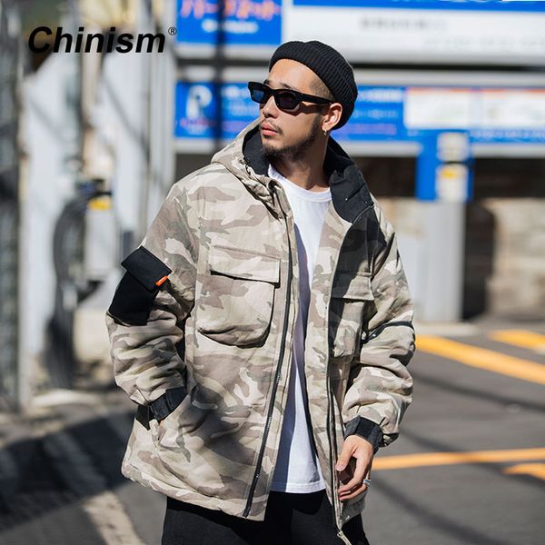 

chinism multi pocket camo hoody parkas mens 2018 winter loose camouflage coats parkas streetwear thicken bomber jackets overcoat, Black