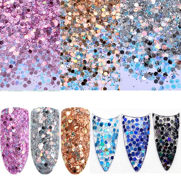 

6 pc mixed nail glitter set hexagon shape nail powder purple blue sliver sequins powder shining art decorations paillettes, Silver;gold