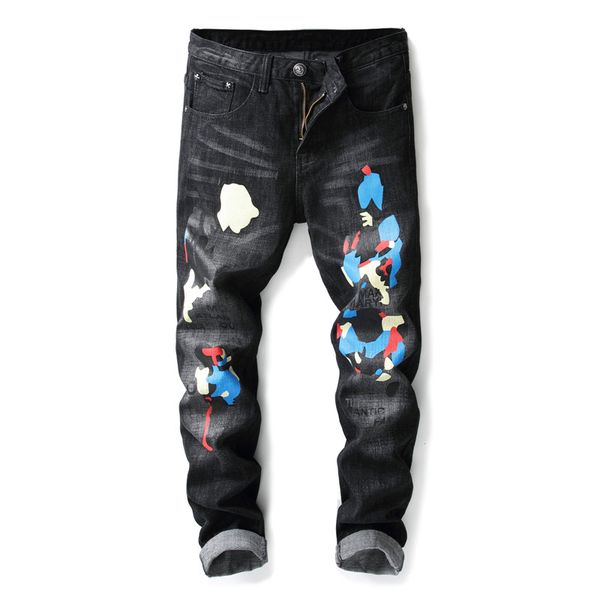 

black print biker men jeans ripped slim fit hip hop denim trousers men's jeans motorcycle pants punk homme, Blue