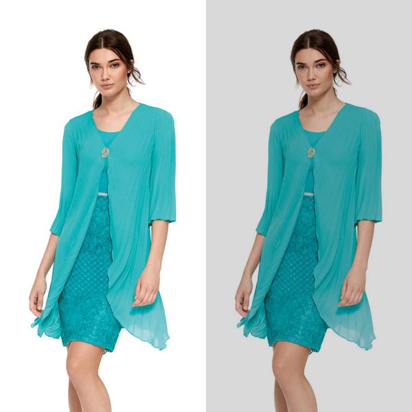 

two pieces 1/2 sleeve mother of bride dresses jewel knee length mother dress capped chiffon with pleats, Black;red