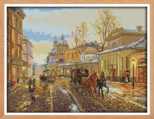 Rua vistas svenery carriage home decor pinturas, Handmade Cross Stitch Bordado Needlework conjuntos contados impressão sobre tela DMC 14CT / 11CT