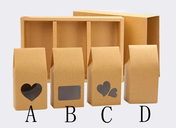 Stand Up Kraft Scatole di carta 16 * 8 cm Biscotti Nuts Sacchetti per imballaggio regalo con tasca trasparente a forma di cuore