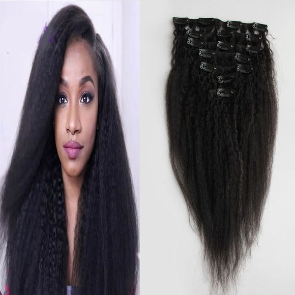 Natural preto Grosso Yaki Kinky Em Linha Reta Grampo Em Extensões Do Cabelo 100% Cabelo Remy Humano Brasileiro 7 Peças E 100g / Set Cor Natural