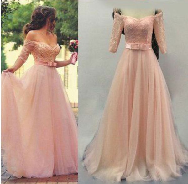 Blush Prom Dresses Off the Shoulder Mezze maniche Zipper Back Pleats Gonna in tulle Top in pizzo con perline Paillettes Prom Dress Abiti da sera