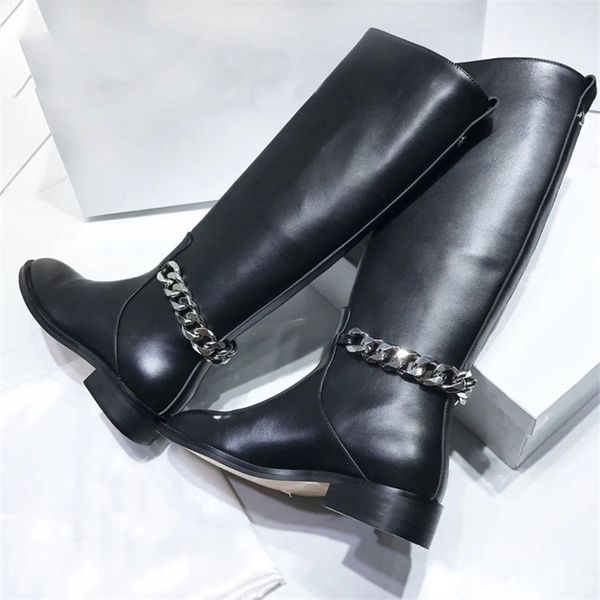 

black real leather knee high boots women round toe back chain knight boots woman flat fashion ankle boots winter