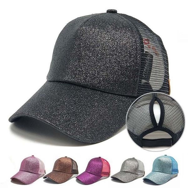 

summer messy bun mesh hats adjustable sport caps running cap women men bling sequin snapback hat, Black;white