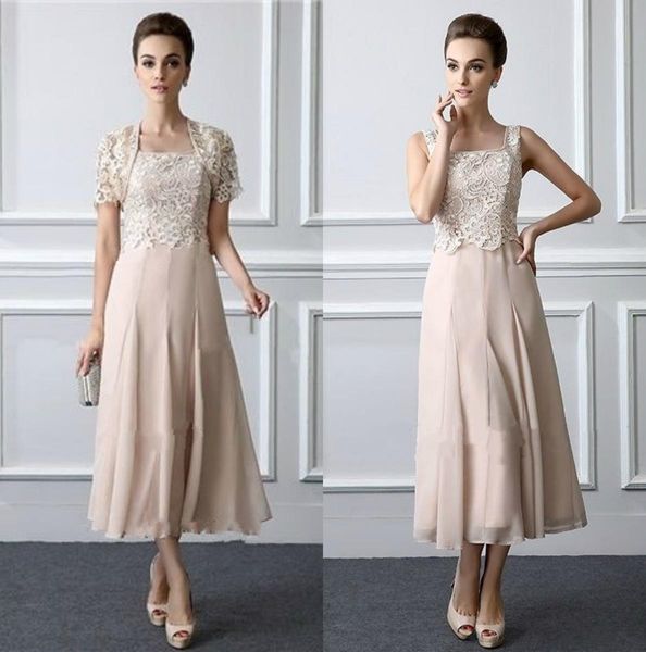 

champagne lace short mother of the bride dresses with matched jackets a-line tea length chiffon formal evening prom gowns selling m106, Black;red