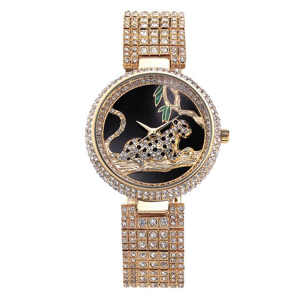 

Luxury Watch Women Rhinestone Waterproof Bu Relogio Feminino Dourado Leopard Stainless Steel Full Diamond Horloge Dames