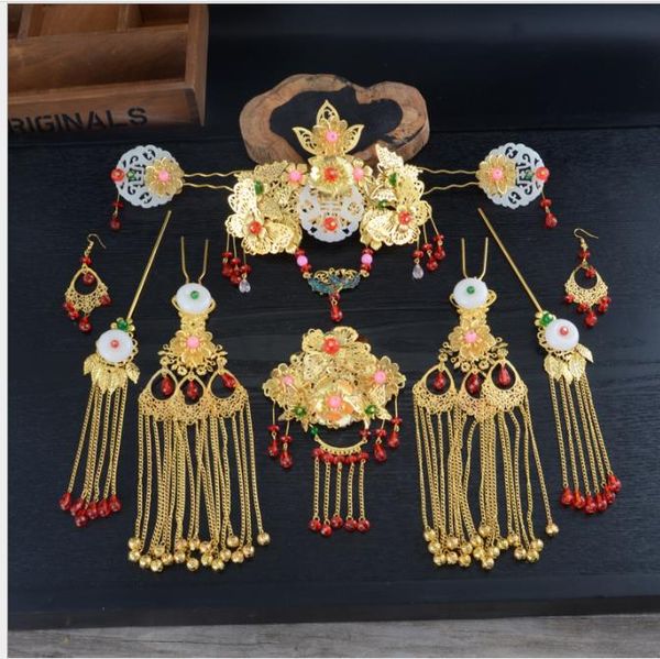 

bridal costume, headwear, classic chinese makeup, hairpin, wedding, dragon and phoenix gown, Slivery;golden