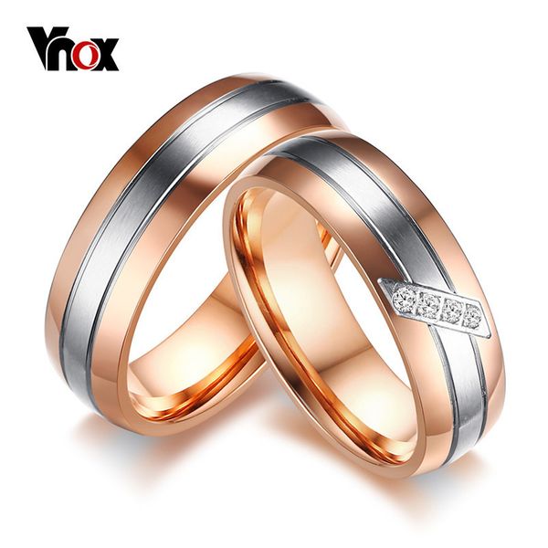 

whole salevnox lovers engagement ring rose gold color stainless steel couple wedding bands cz stone ring for women men promise jewelry, Golden;silver