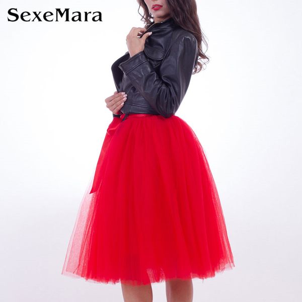 Wholesale- 2017 6 Layers 65cm Midi Tulle Skirt Adult High Waist Mesh Tutu Skirts Womens Petticoat Elastic Belt Vintage Lolita faldas saias