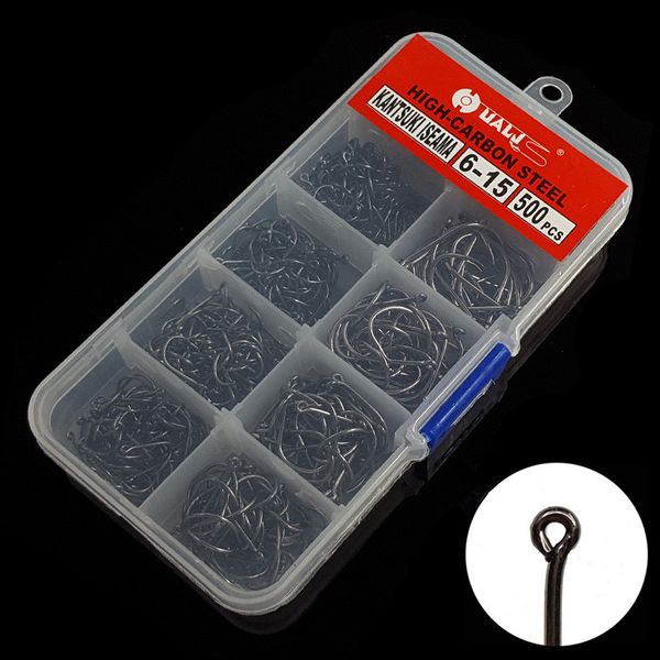 

500pcs/1box 6-15# Black Ise Hook High Carbon Steel With Hole Barbed Hooks Fishing Hooks Fishhooks Pesca Carp Fishing Tackle Accessories