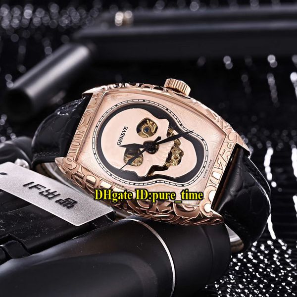 

7 color cintrÃ©e curvex gold skull skeleton dial automatic mens watch rose gold cracked case leather strap gents sport watches, Slivery;brown