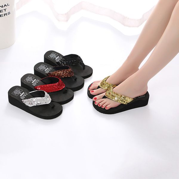 

wholesale new beach shoes summer fashion sequins thick-soled slipper flip flops women's casual breathable wedge heels slippers plus siz, Black
