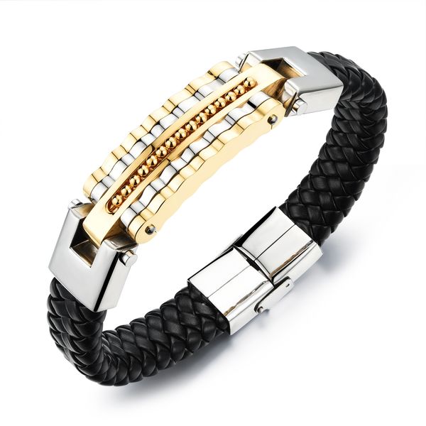 

fashion men male punk bracelet jewelry weaved chain genuine leather + stainless steel bracelets charm bangle 993, Golden;silver