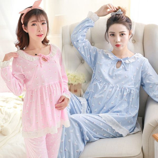 

pengpious 2017 long sleeve maternity cotton nursing pajamas set lovely lace patchwork lacing breastfeeding clothes set fashion, White