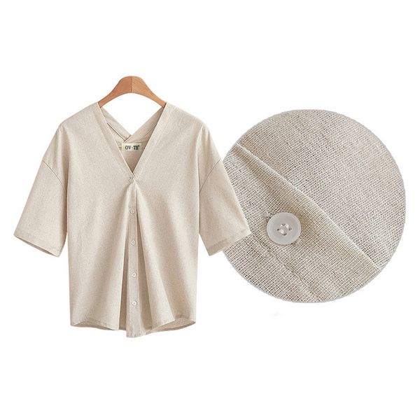 

summer v-neck women blouse shirt cotton linen female blouses chiffon navy blue khaki white casual soft cardigan plus size