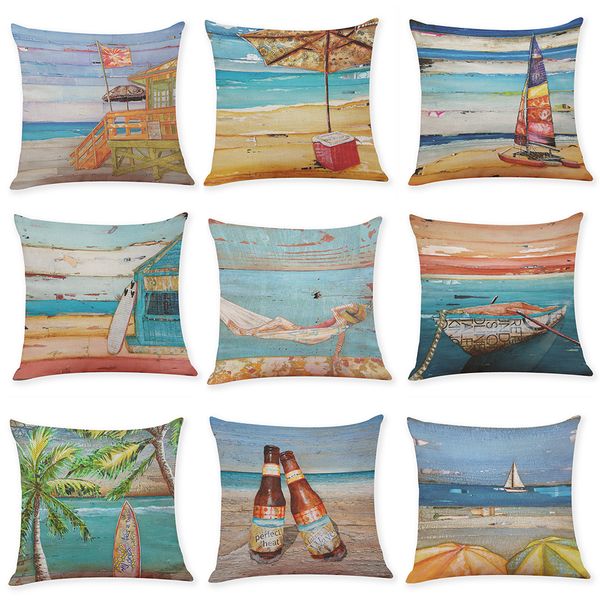 Acheter Couvre Coussins En Lin Paysage De Plage Bureau A Domicile