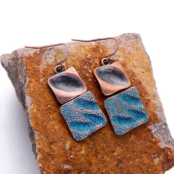 

bohemia zinc alloy square drop earrings vintage twist design copper pendant ethnic earring for women jewelry gift sale, Silver