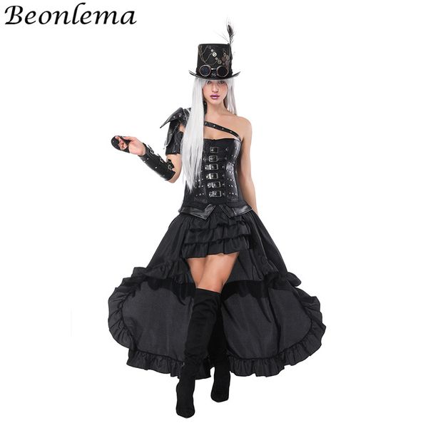 

beonlema overbust bustier leather steampunk corset black arm shaper punk rave belt rivet korse dress cosplay clothing long skirt, Black;white