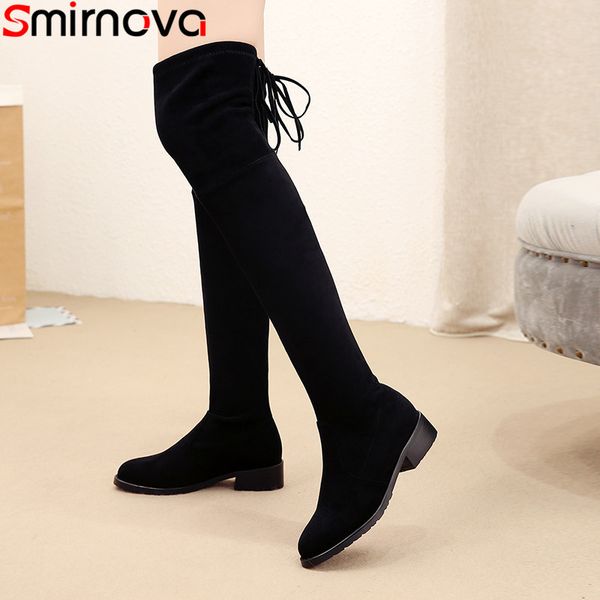 

smirnova over the knee boots women round toe med heels shoes flock autumn winter boots elegant thight high, Black
