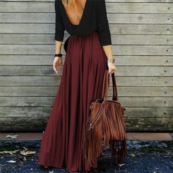 

long skirt elegant women pleated maxi skirts floor-length saia vintage saias womens solid faldas 2018, Black