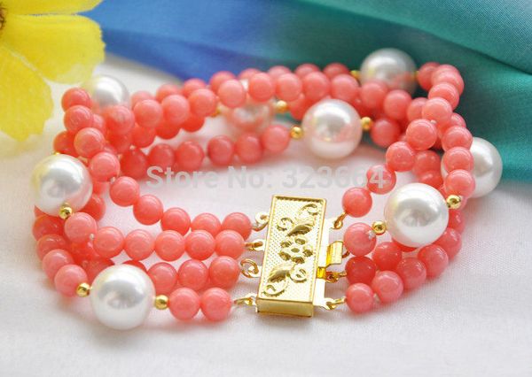 

4row 8" 6mm pink coral bead 12mm round white shell pearl bracelet, Black