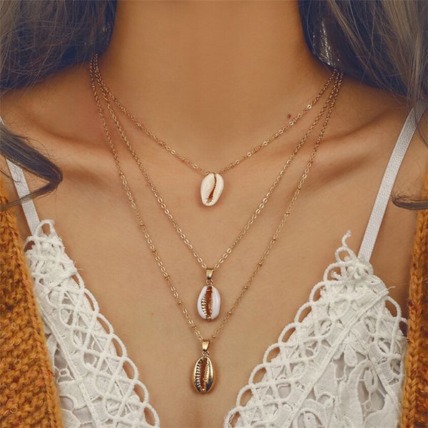 

3pcs fashion bohemian golden alloy multi-layer shell choker pendant necklace for women girl seashell ocean beach jewelry gift, Silver