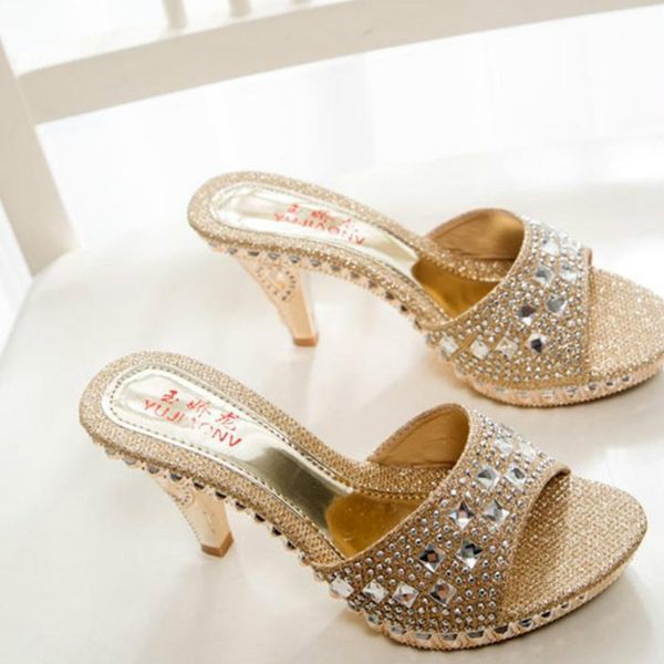 Designer de marca-Atacado Verão Moda Sapatos Mulher Strass Sandálias de Salto Alto Mulheres Chinelos Sandalias Senhoras Sapatos Tamanho 35-39 TX0141