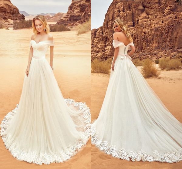 

off the shoulder aline wedding dresses pleated tulle ribbon sash appliques corset backless beach wedding dresses 2018 bridal dresses, White