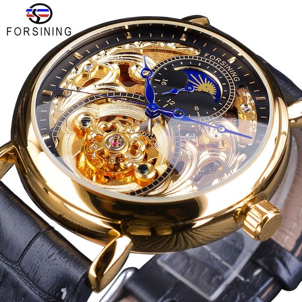 

forsining 2018 luxury skeleton clock male moon phase fashion blue hands waterproof men's automatic watches top, Slivery;brown