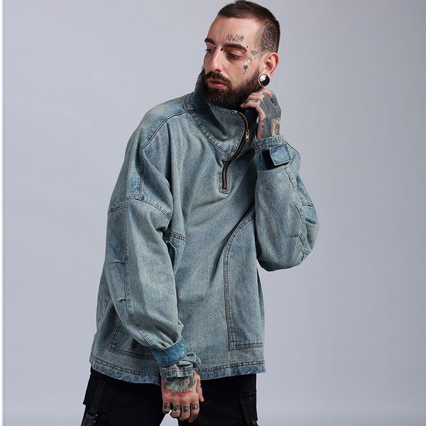 

оригинальный прилив бренд мужской высокий воротник мыть джинсовая куртка негабаритных свободные ретро куртка мужской, Black;brown