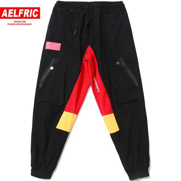 

side color block patchwork casual pant streetwear hip hop swag fit cargo pants cotton zipper multi pockets men trousers k8045, Black