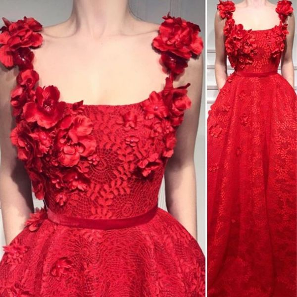 Abito da ballo sexy in pizzo rosso con fiori fatti a mano Abito da festa a trapezio senza maniche con scollo quadrato semplice Abito da sera affascinante con abito da ballo 2018