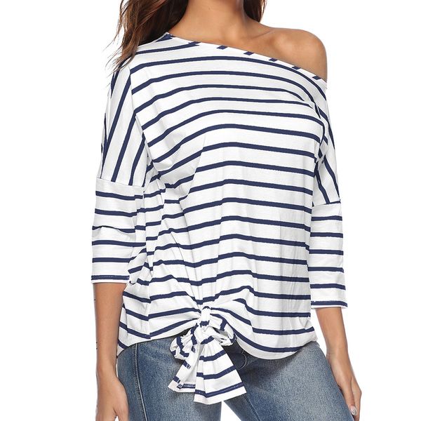 

womens and blouses 2018 streetwear one shoulder striped three quarter sleeve blouse woman clothes tunic ladies feminina, White