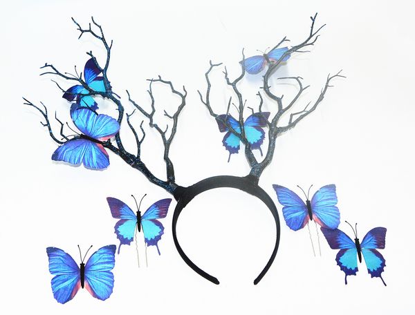 Navy Blue Antlers And Butterflies Hair Headbands For Women Bridal