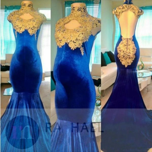 

High Neck Gold Appliques Mermaid Prom Dresses Cap Sleeves Velvet Pregnant Evening Gowns Maternity Formal Party Wear Sweep Train