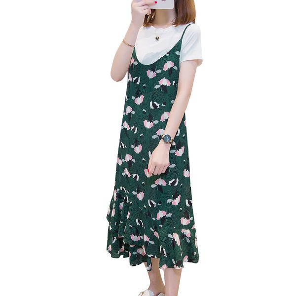 

chiffon dress women 2018 summer new fashion printed strap dress + t-shirt two-piece loose plus size 5xl elelady dress aa244, White