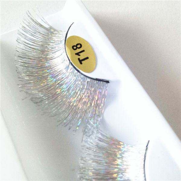 Glitter Falsyelashes Shimmery White Silver Fake Chines para Festival de palco colorido 1Pair Longo Handmade Colorful Lash Beauty