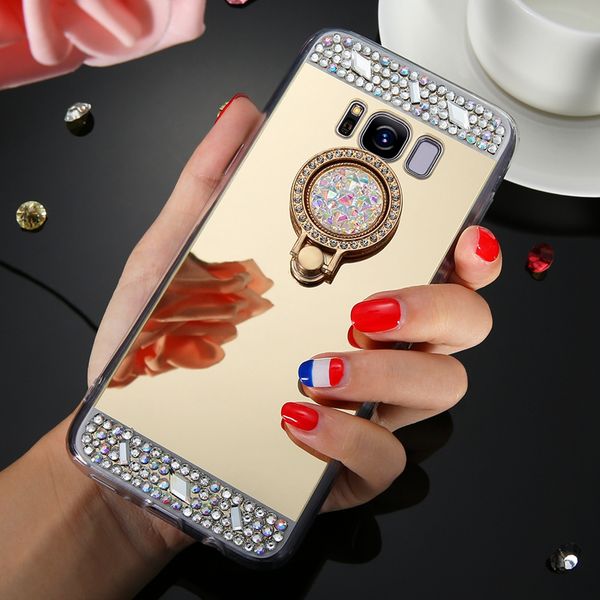 

new arrival cell phone cases for note 8 case luxury mirror case cover with crystal finger ring holder tpu diamonds phone cases