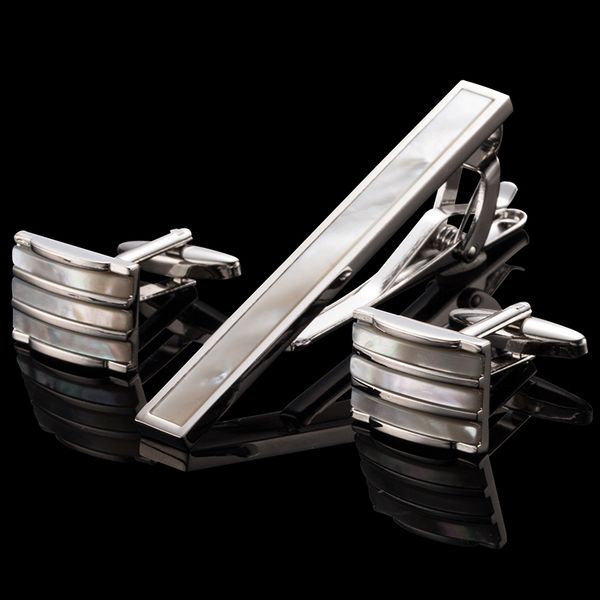 

drop shipping new necktie set tie bar cufflinks tie clip mother pearl cuff links tie pin men jewelry 18, Silver