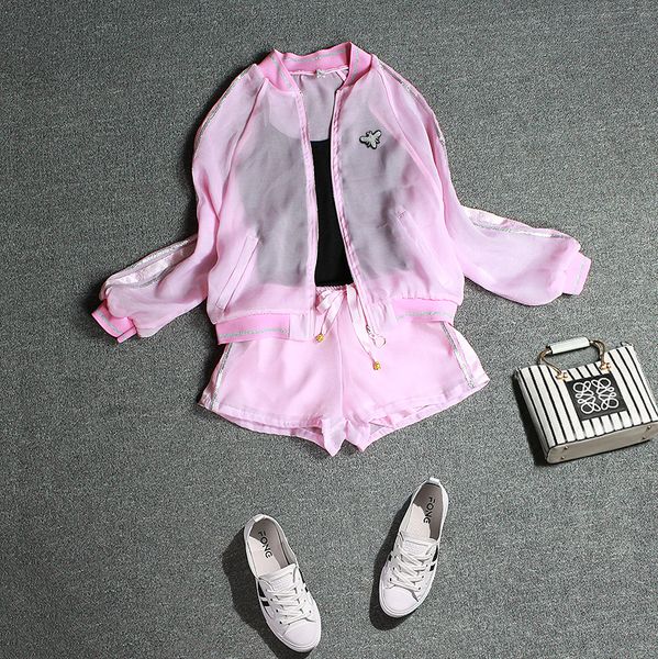 

2018 summer new arrive fish sequins sunscreen jacket casual side stripe pants suit, women's 2 pieces suit set, White;black